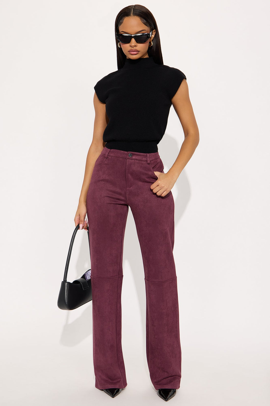 Gianna Faux Suede Wide Leg Pant - Wine