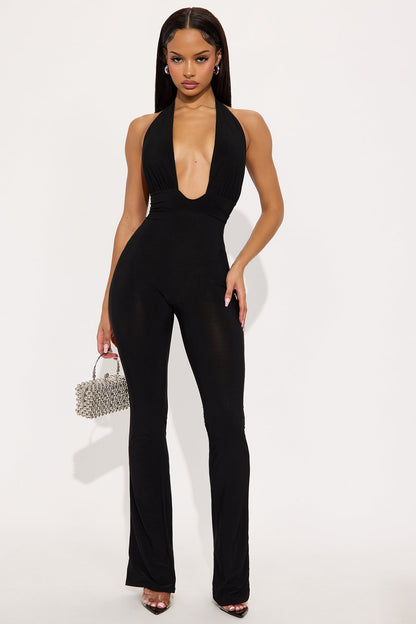Siren Plunge Neck Halter Jumpsuit - Black