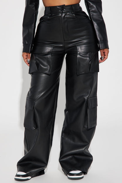 Drop A Pin Faux Leather Cargo Pant - Black