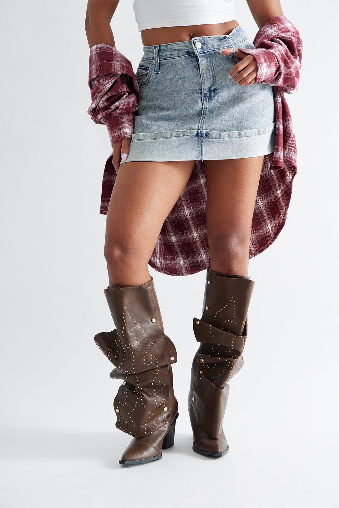 Armor Studded Knee High Boots - Brown
