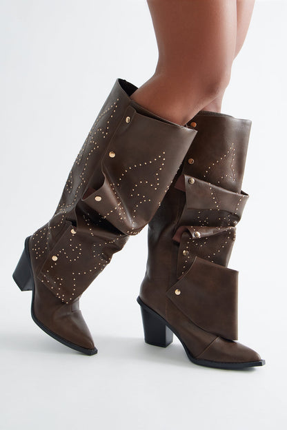 Armor Studded Knee High Boots - Brown