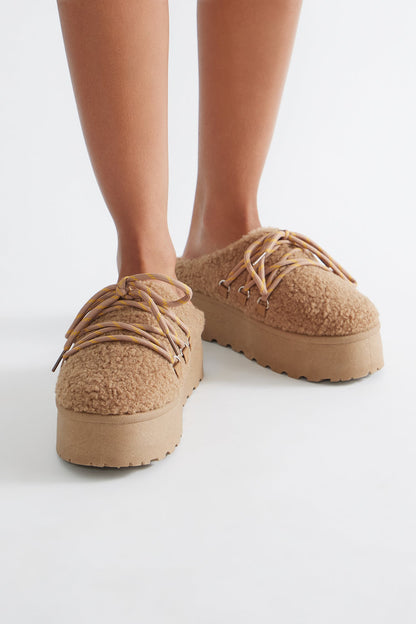 Latte Sherpa Platform Booties - Camel