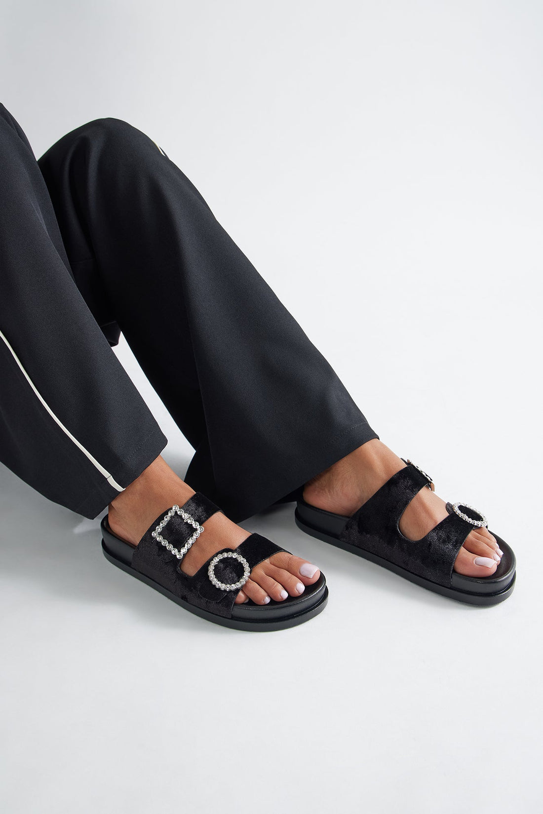 Ivona Rhinestone Buckle Velvet Sandals - Black