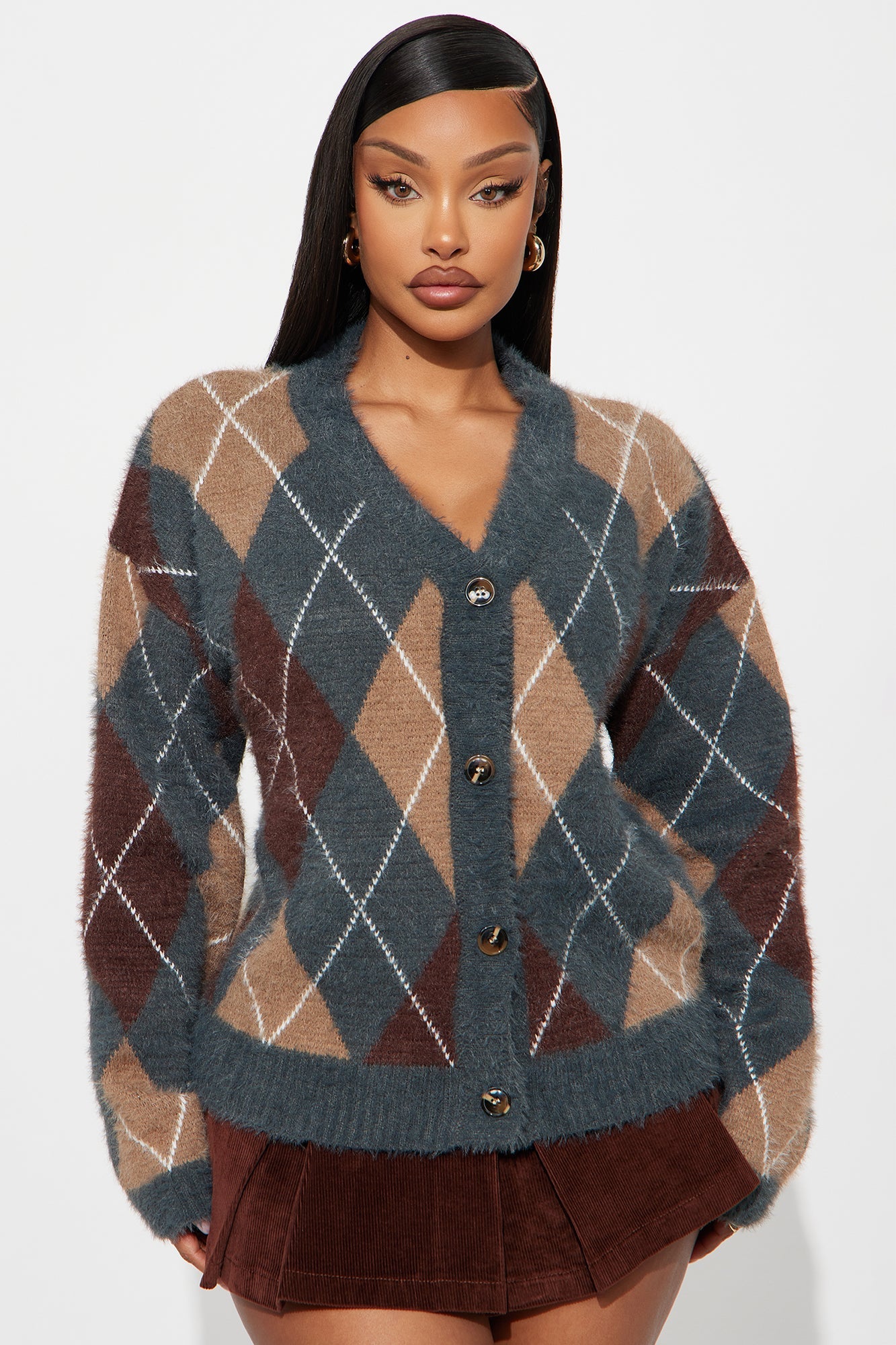 Preppy Girl Argyle Cardigan - Grey/combo
