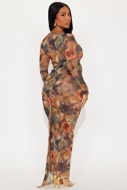 Morgan Sheer Mesh Printed Maxi Dress - Brown/combo