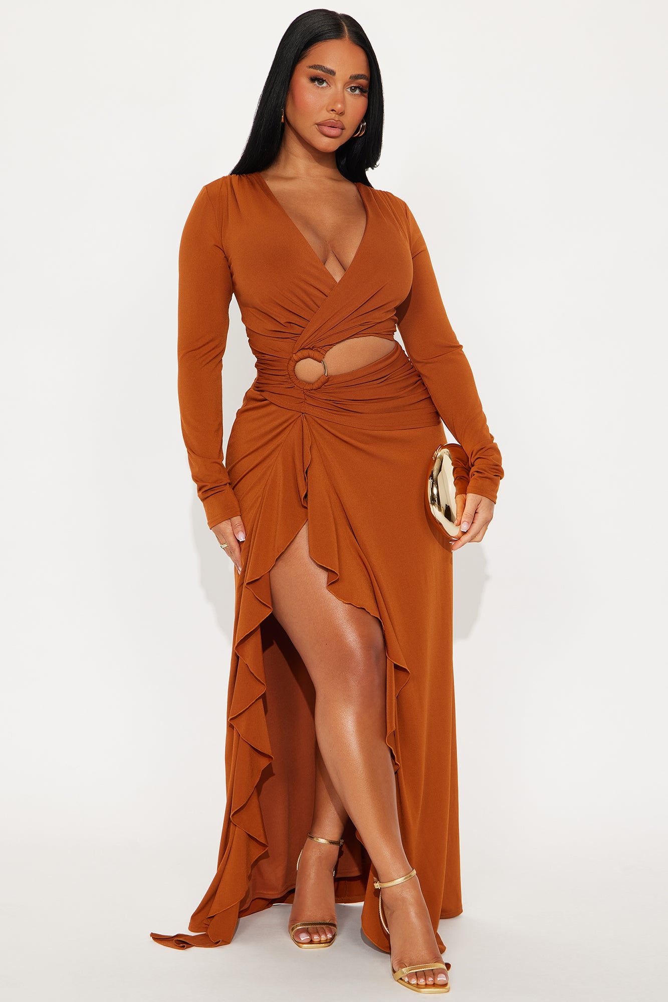 Layla Cut Out Long Sleeve Maxi Dress - Cognac