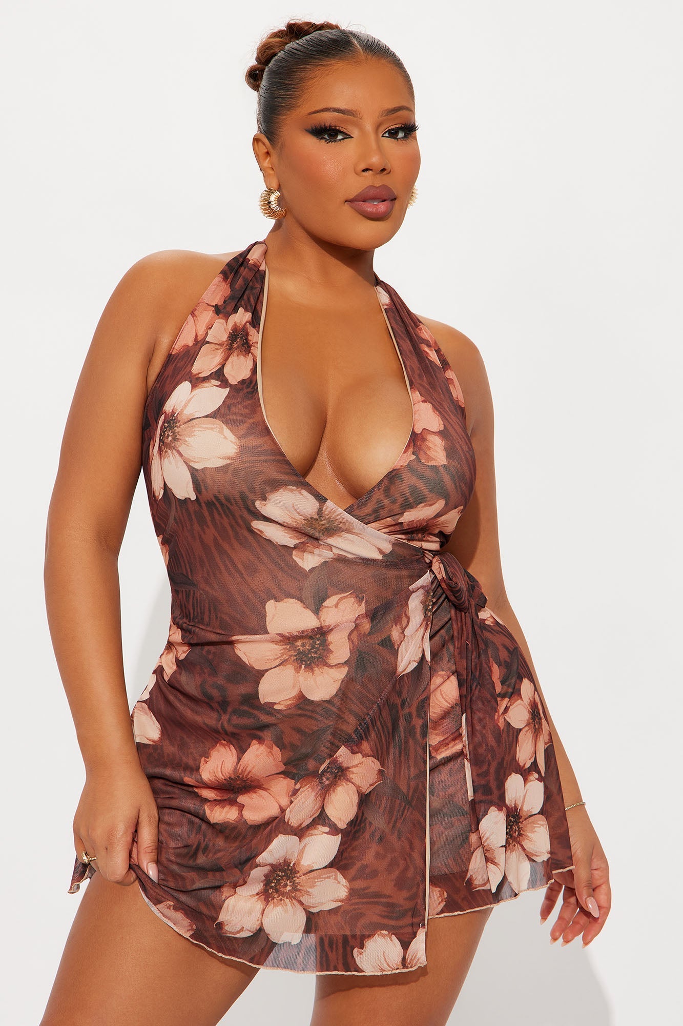 Sweetie Pie Floral Leopard Mini Dress - Brown/combo