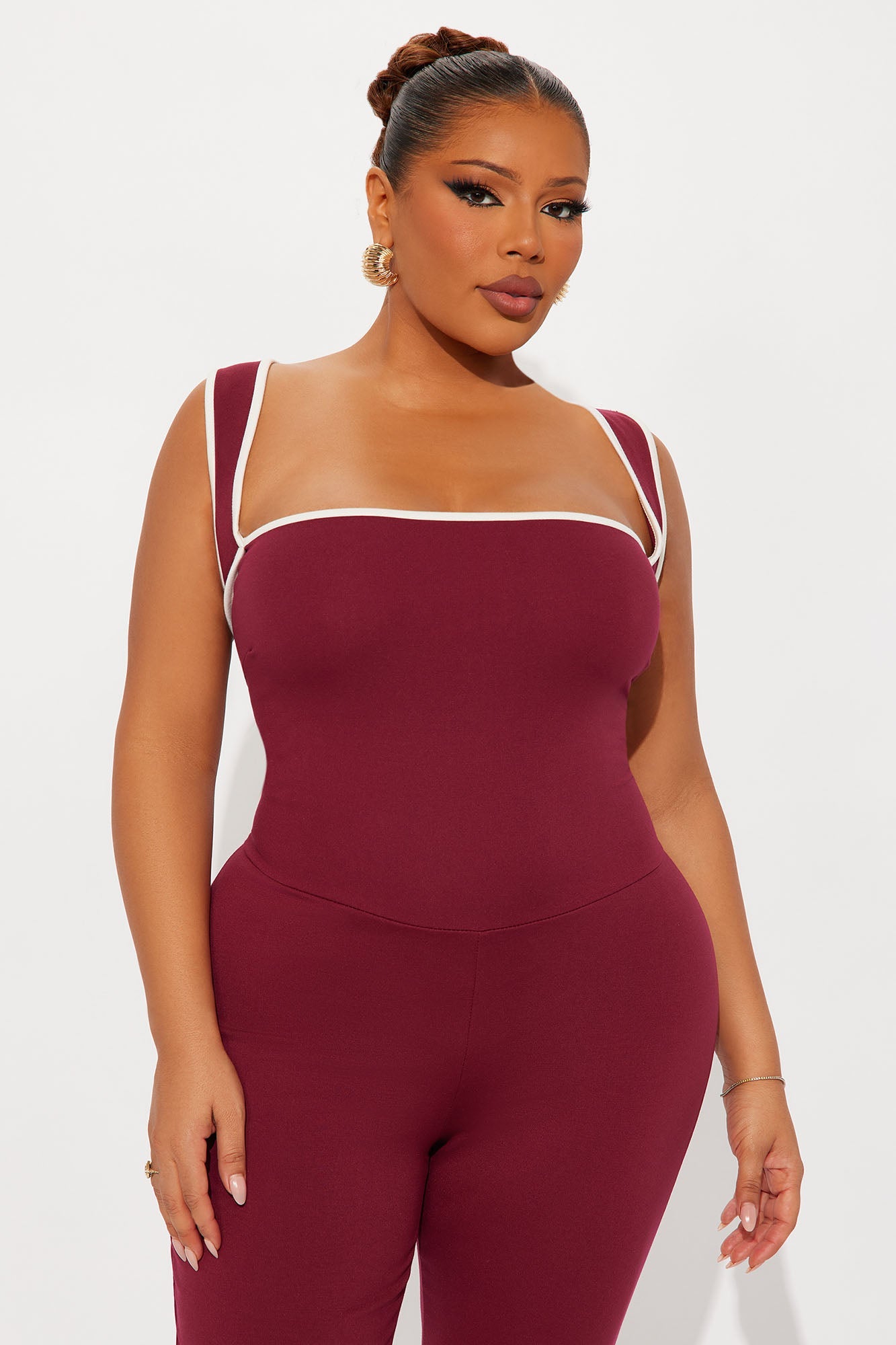 His Loss Contrast Trim Capri Jumpsuit - Wine
