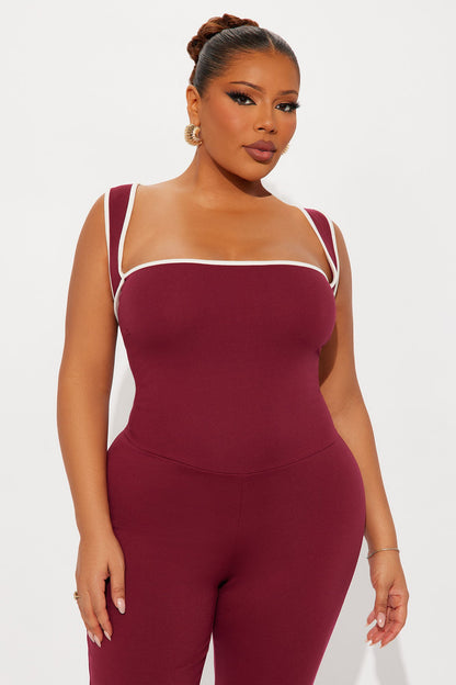 His Loss Contrast Trim Capri Jumpsuit - Wine