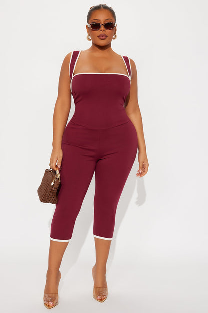 His Loss Contrast Trim Capri Jumpsuit - Wine