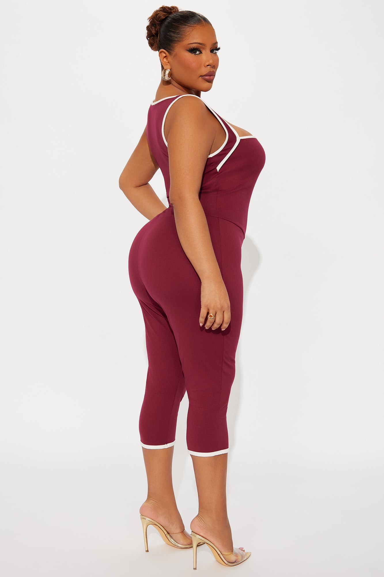 His Loss Contrast Trim Capri Jumpsuit - Wine