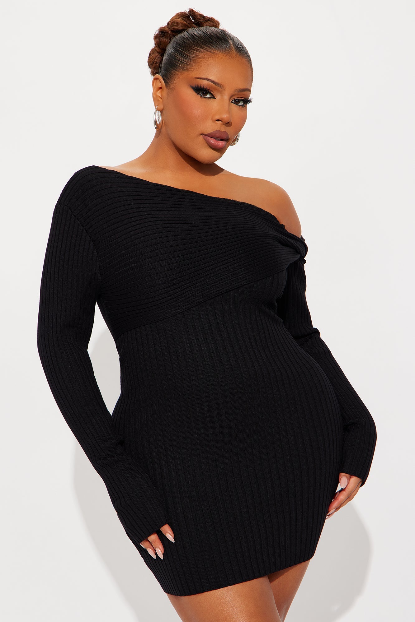 Nahla Long Sleeve Ribbed Mini Dress - Black