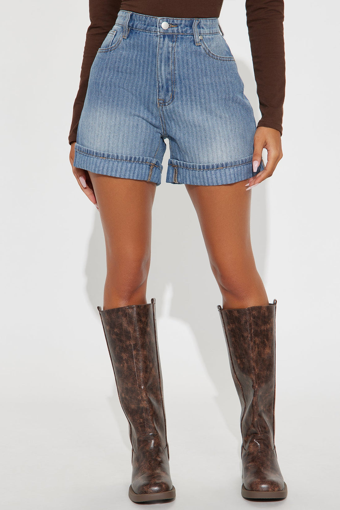 Catch Up Stripe Cuffed Denim Shorts - Vintage Wash