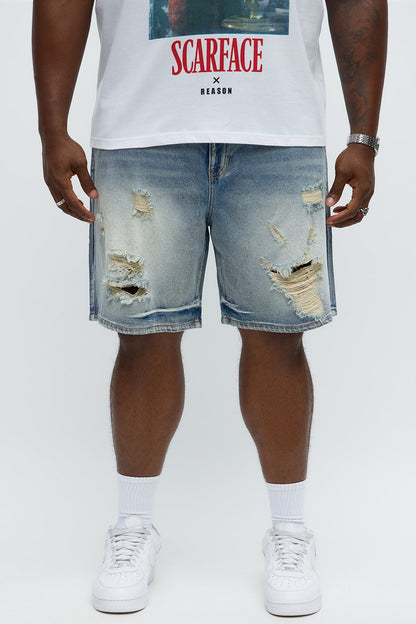 Relaxed Wish You Could Distressed Denim Shorts - Medium Blue Wash