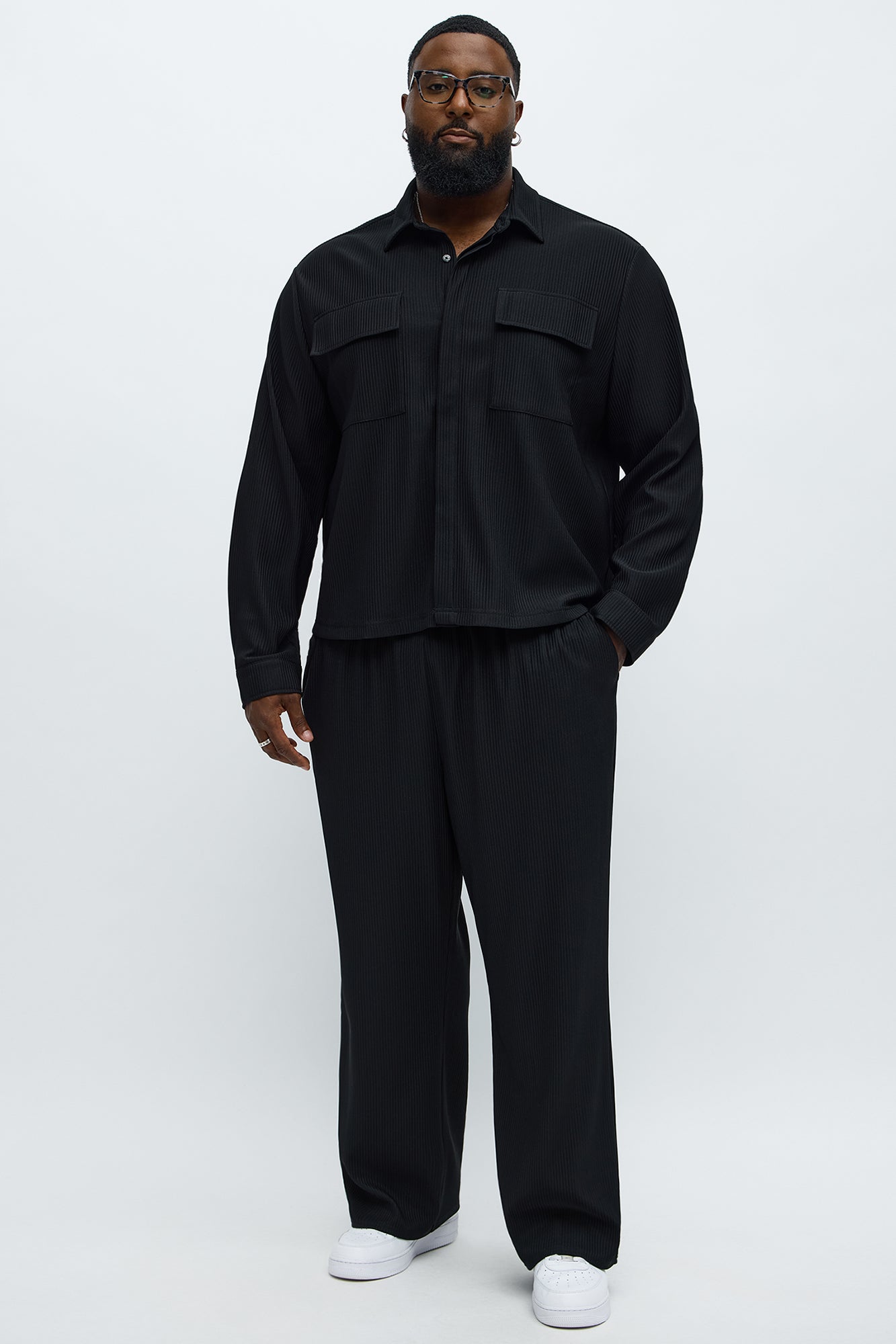 Show Up Cropped Long Sleeve Button Up Shirt - Black