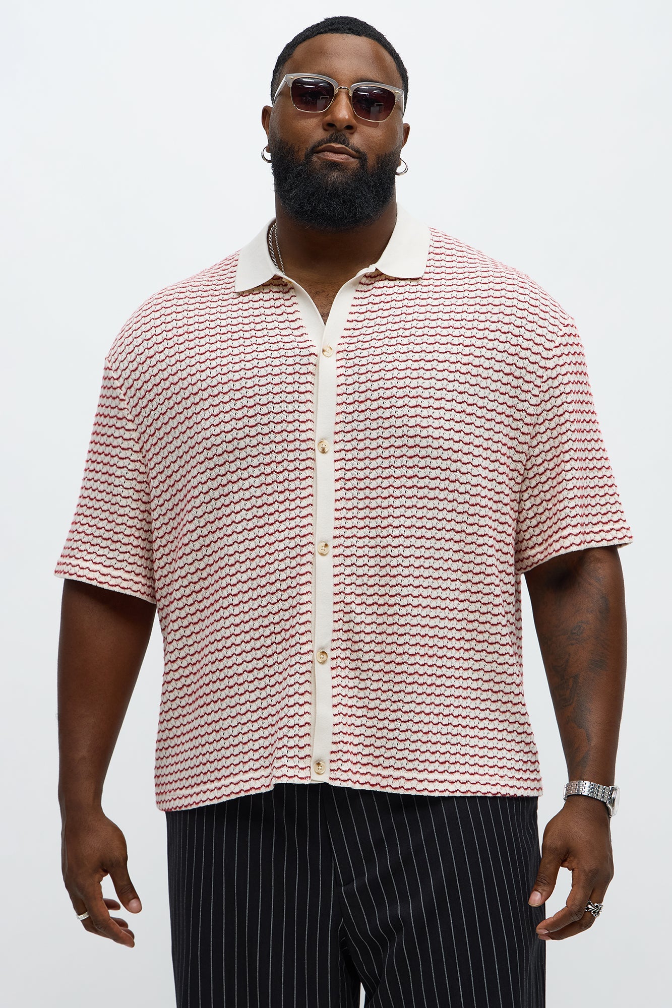 Regular Fit Color Block Button up Sweater Shirt - Cream/combo