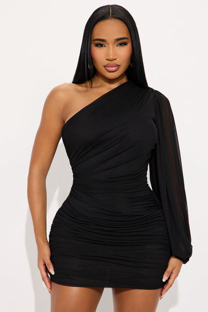Ashley One Shoulder Mesh Mini Dress - Black