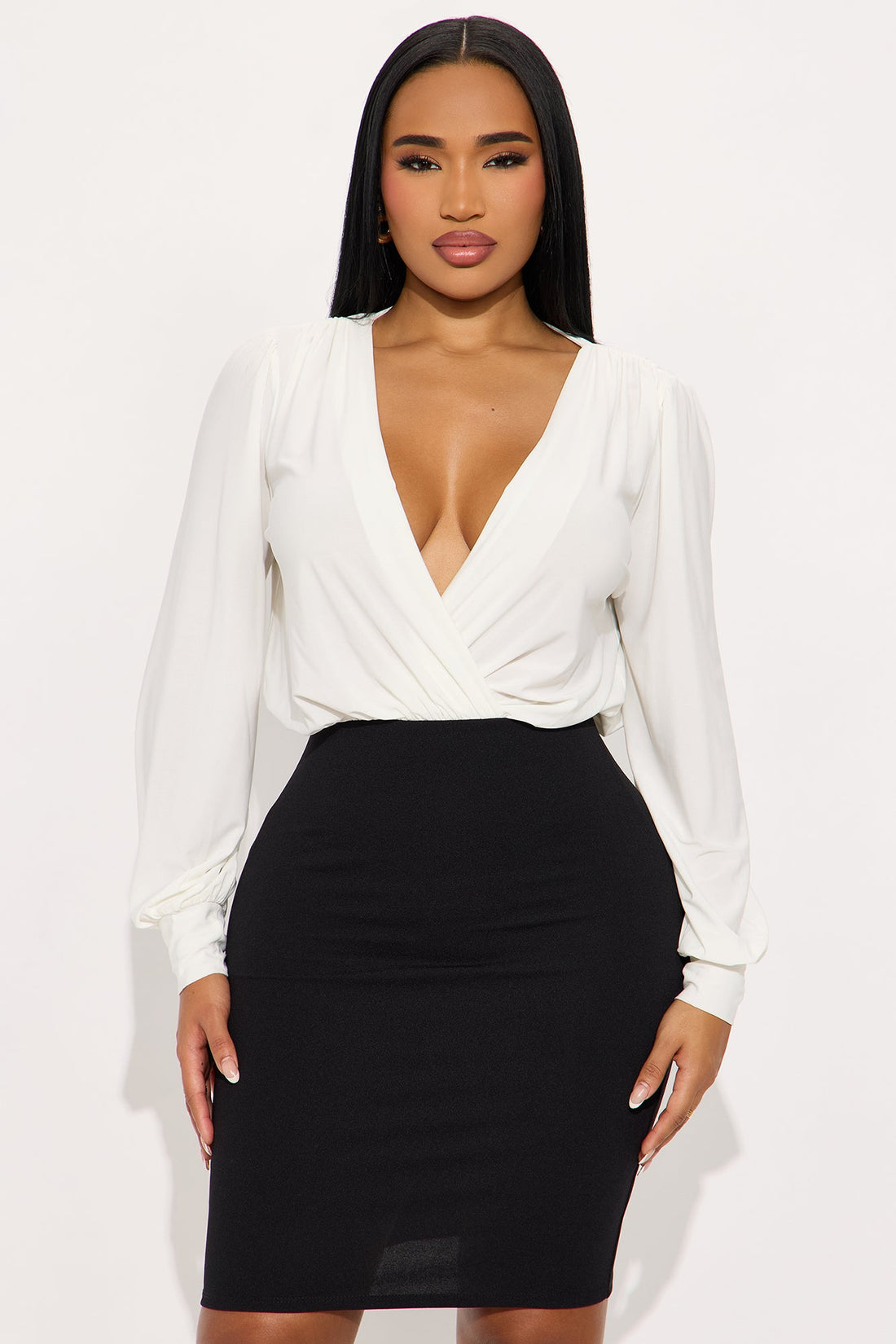Power Move Long Sleeve Midi Dress - Black/White