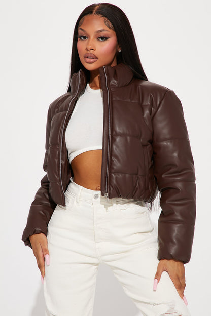 Vixen Faux Leather Puffer Jacket - Brown