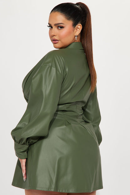 Bianca Faux Leather Mini Dress - Olive