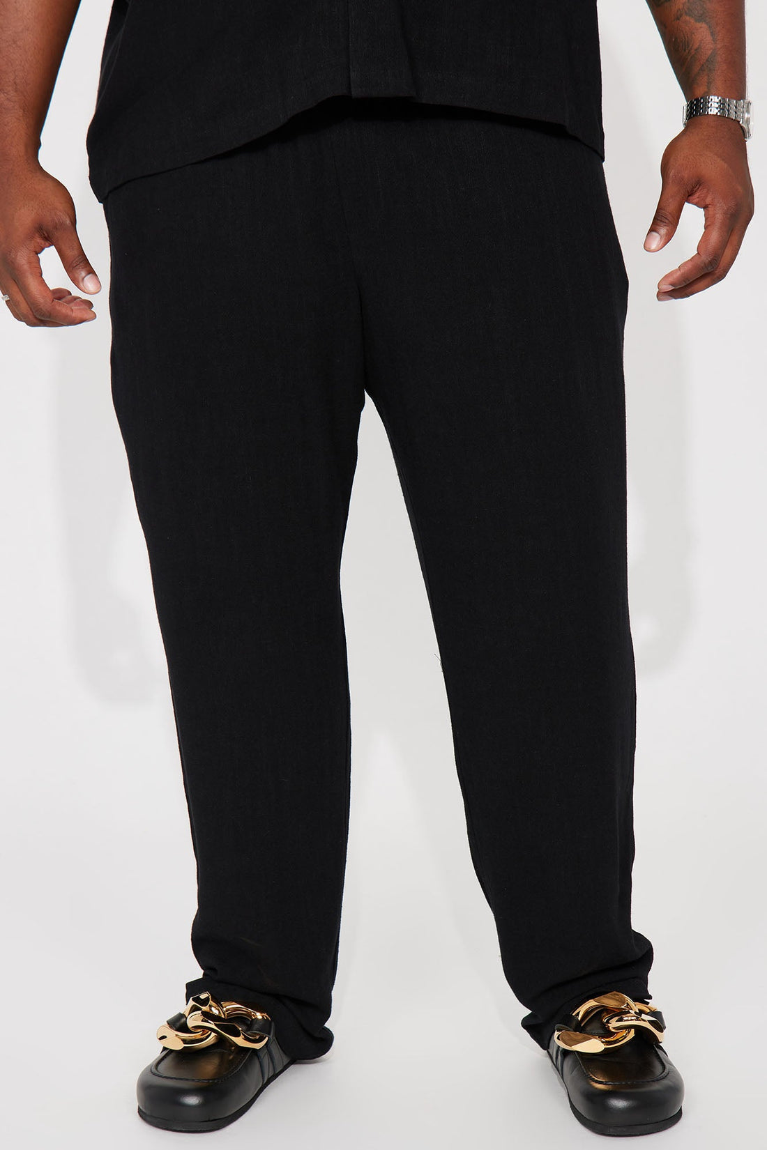 Solid Textured Linen Pull On Side Slit Pants - Black
