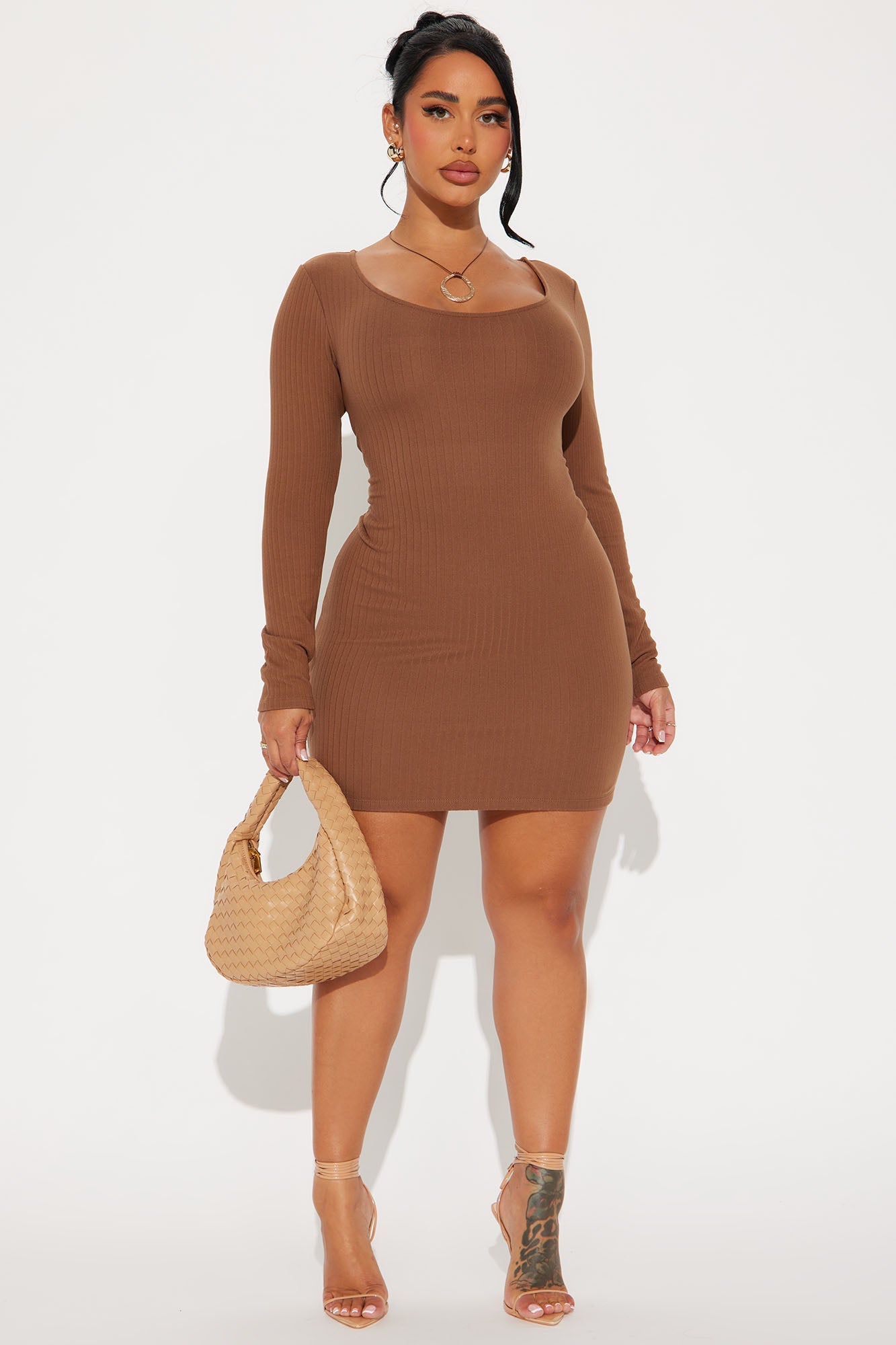 Ony Ribbed Bodycon Mini Dress - Chestnut