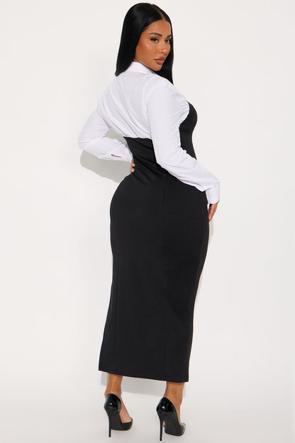Julie Collar Long Sleeve Midi Dress - Black/White