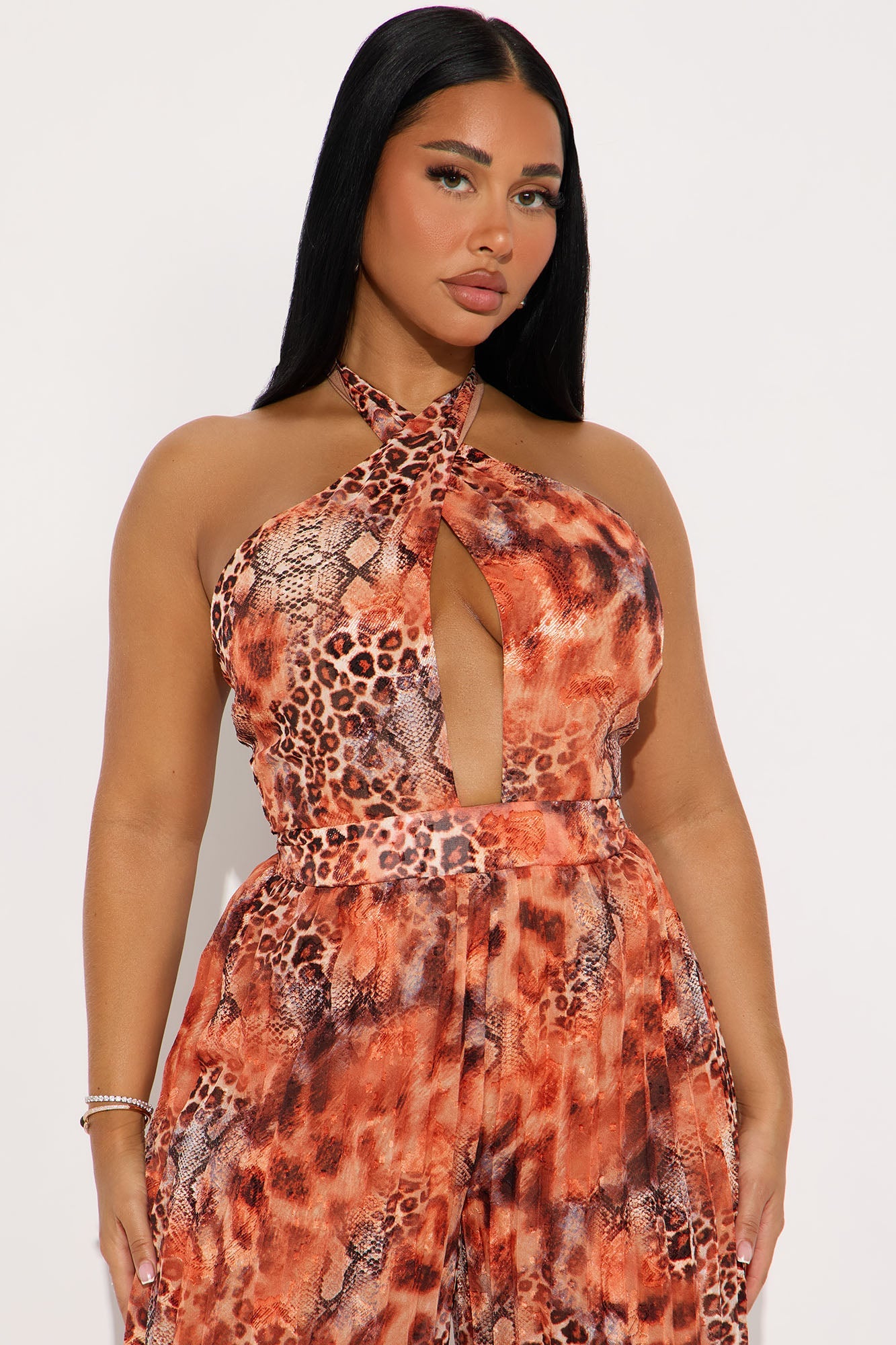 Heatwave Pleated Chiffon Wide Leg Jumpsuit - Orange/combo