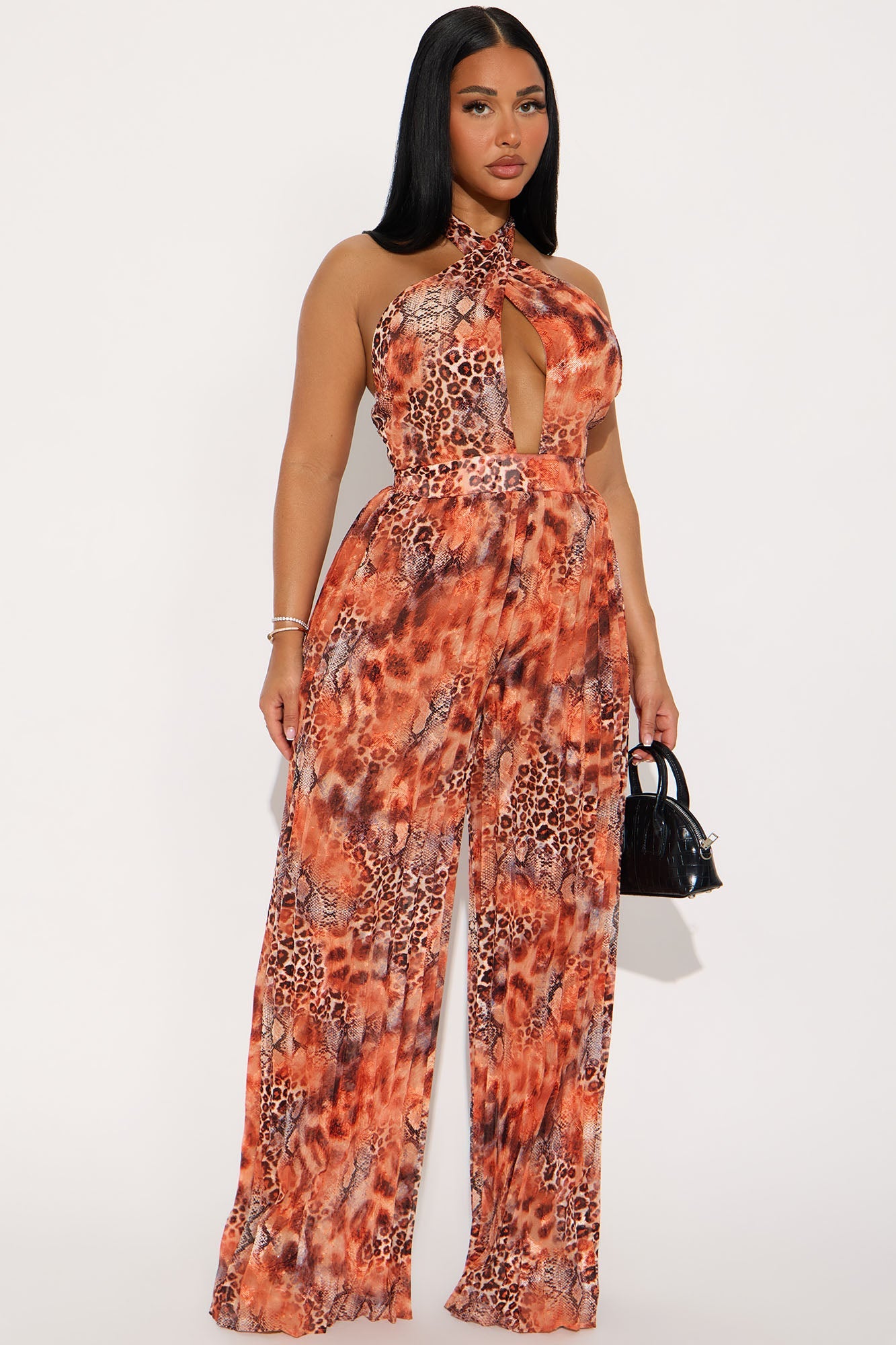 Heatwave Pleated Chiffon Wide Leg Jumpsuit - Orange/combo