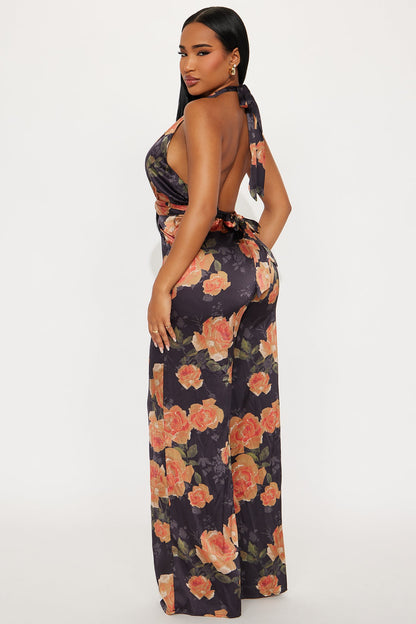 Calm And Collected Floral Satin Jumpsuit - Black/combo