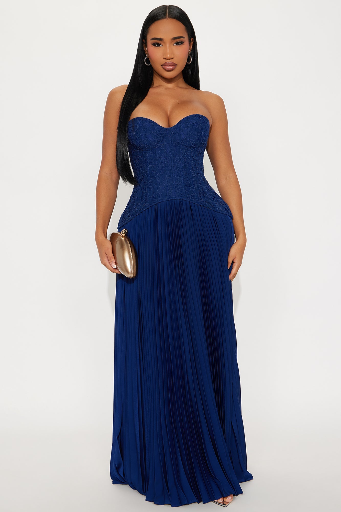 Daniella Lace Corset Pleated Maxi Dress - Navy
