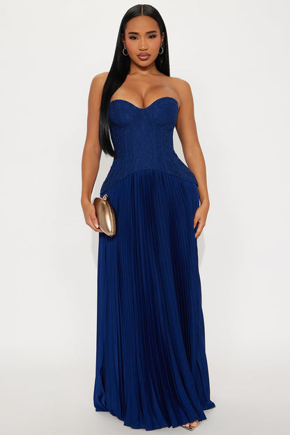 Daniella Lace Corset Pleated Maxi Dress - Navy