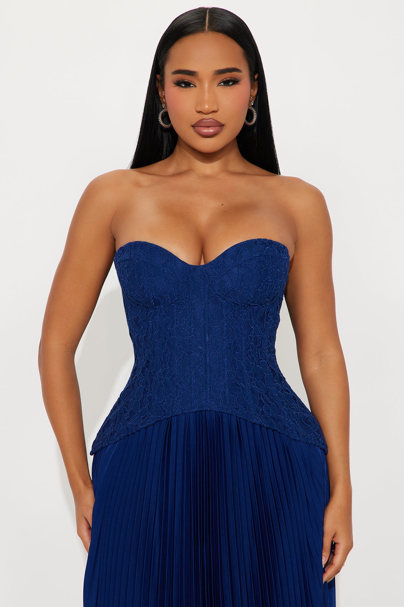 Daniella Lace Corset Pleated Maxi Dress - Navy