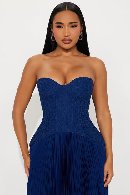 Daniella Lace Corset Pleated Maxi Dress - Navy