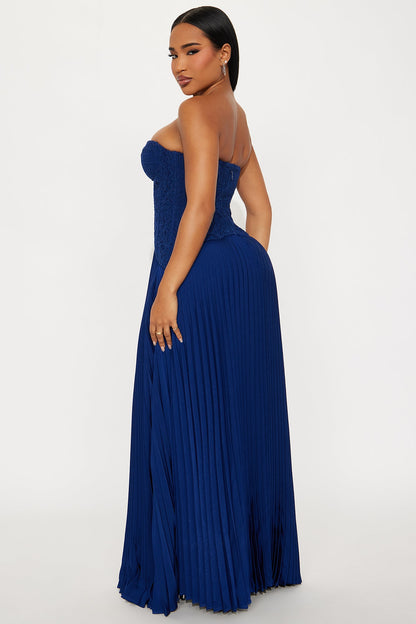 Daniella Lace Corset Pleated Maxi Dress - Navy