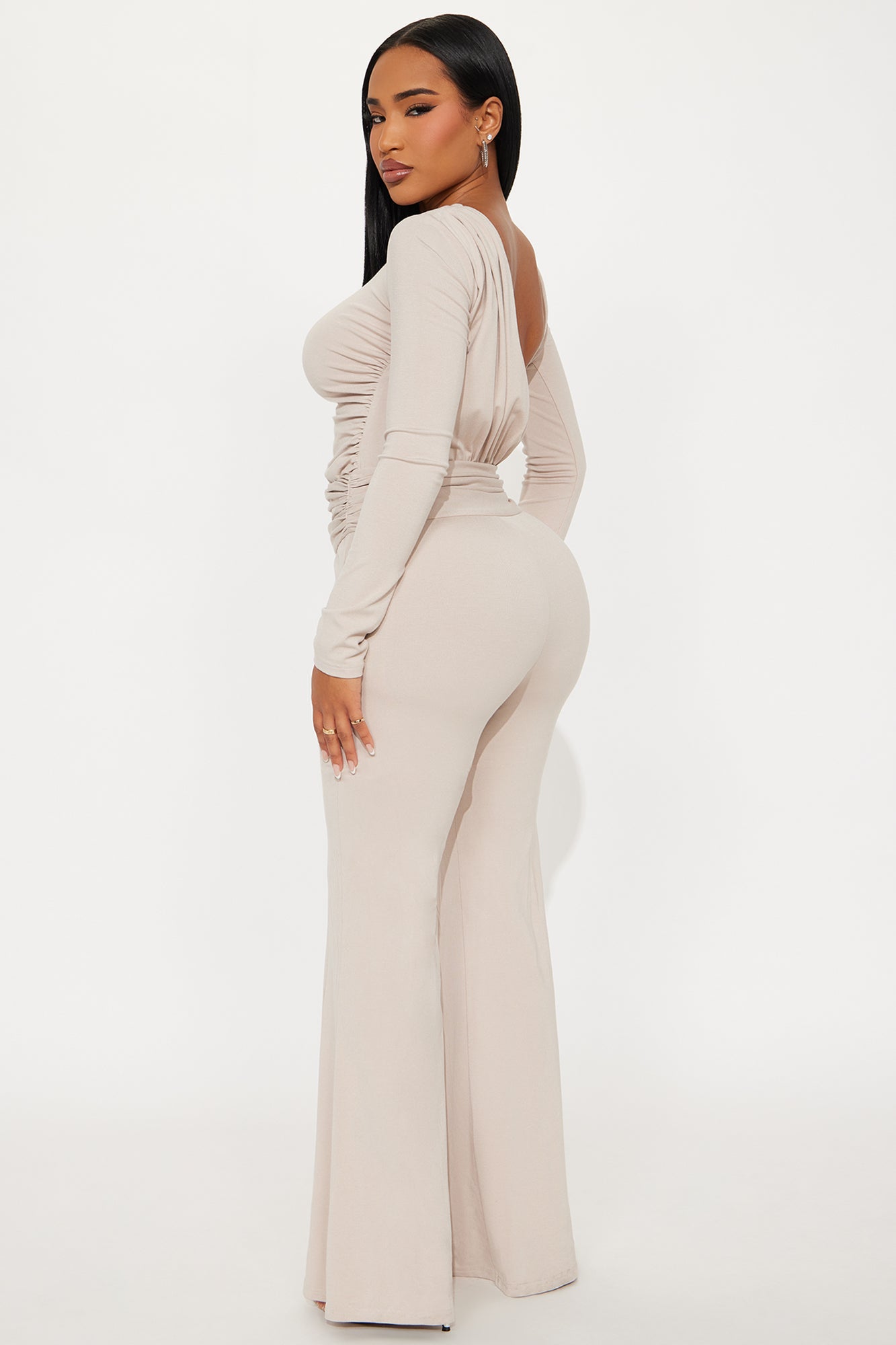 Isabella Ribbed Long Sleeve Jumpsuit - Stone
