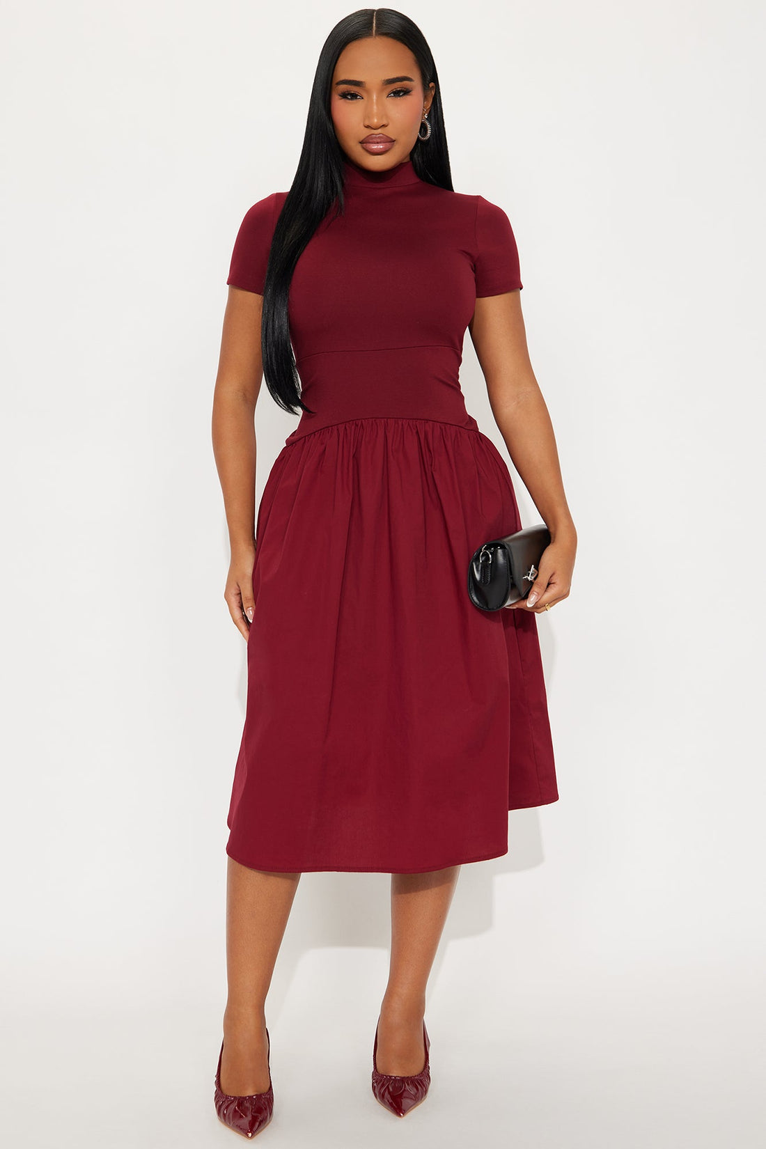 Kennedy Short Sleeve Drop Waist Midi Dress - Wine