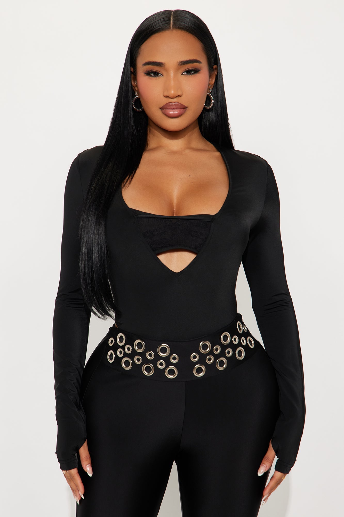 Standing Ovation Long Sleeve High Cut Bodysuit - Black