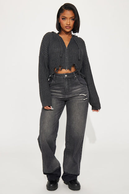 Emery Distressed Cropped Cardigan Sweater - Charcoal