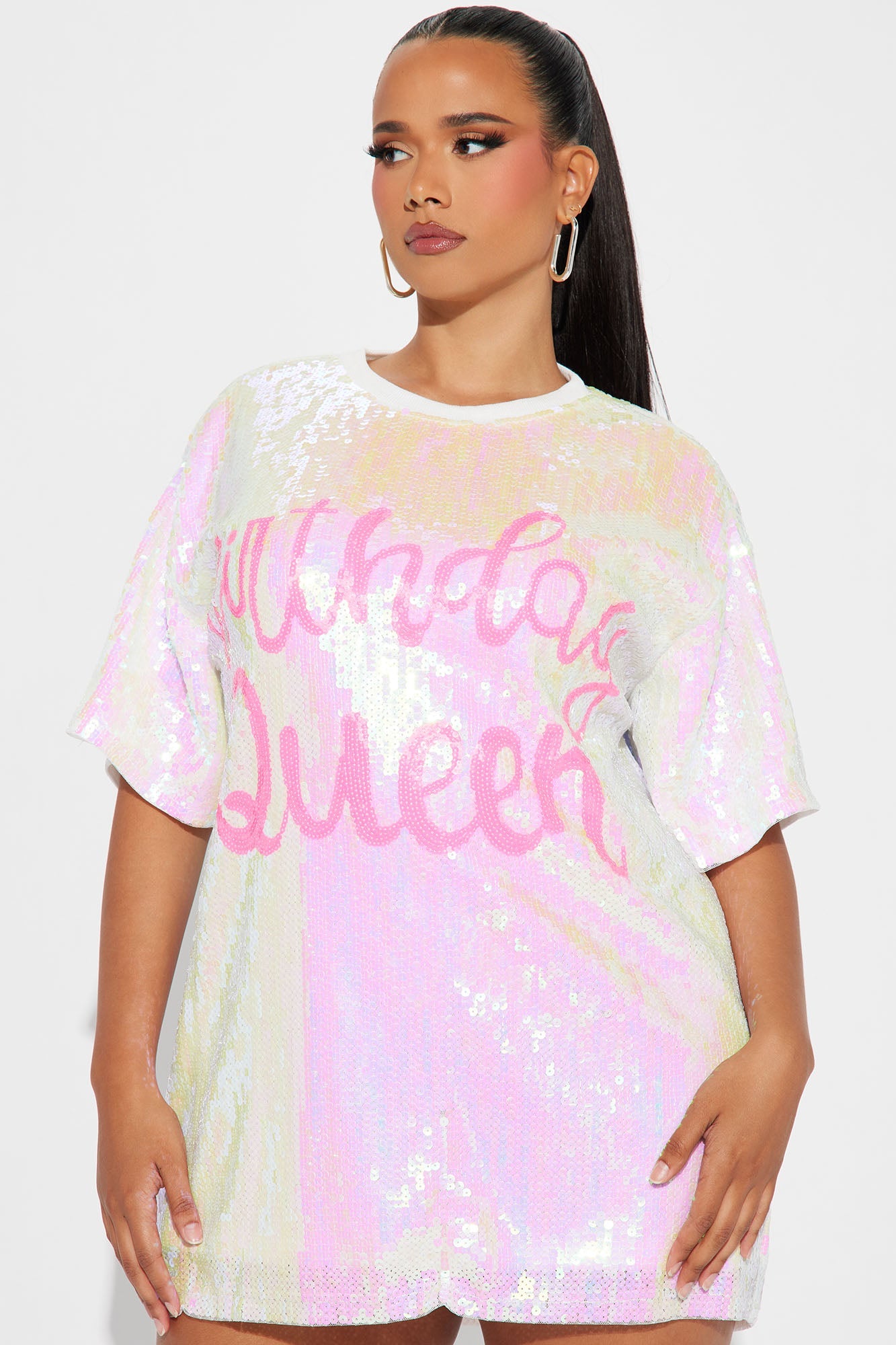 Always The Birthday Queen Sequin Shirt Dress - White