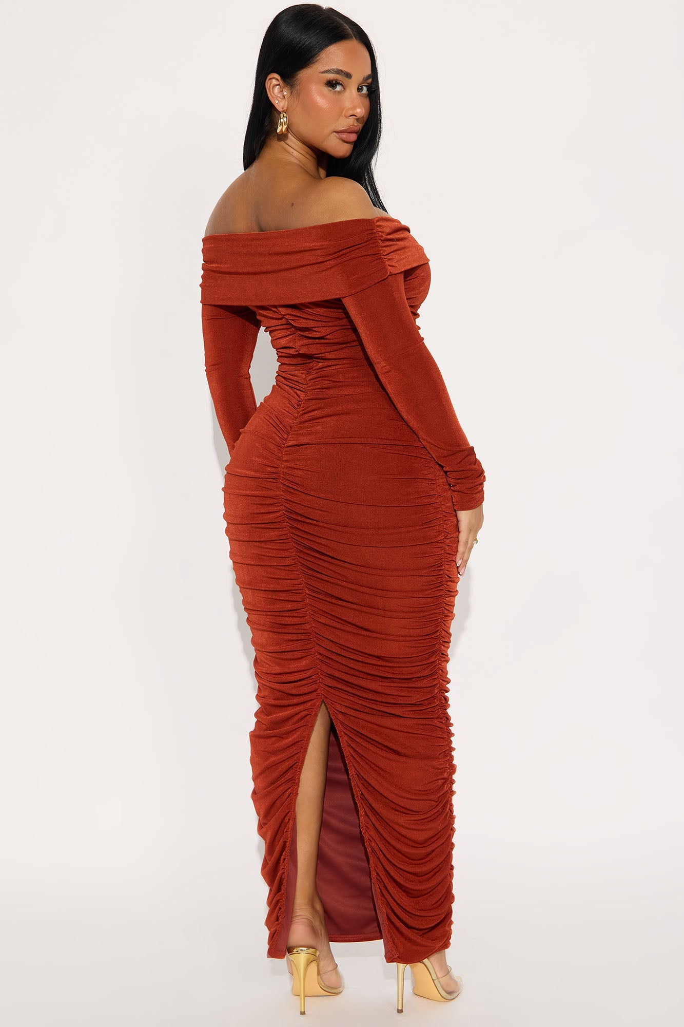 Trina Off Shoulder Ruched Maxi Dress - Rust