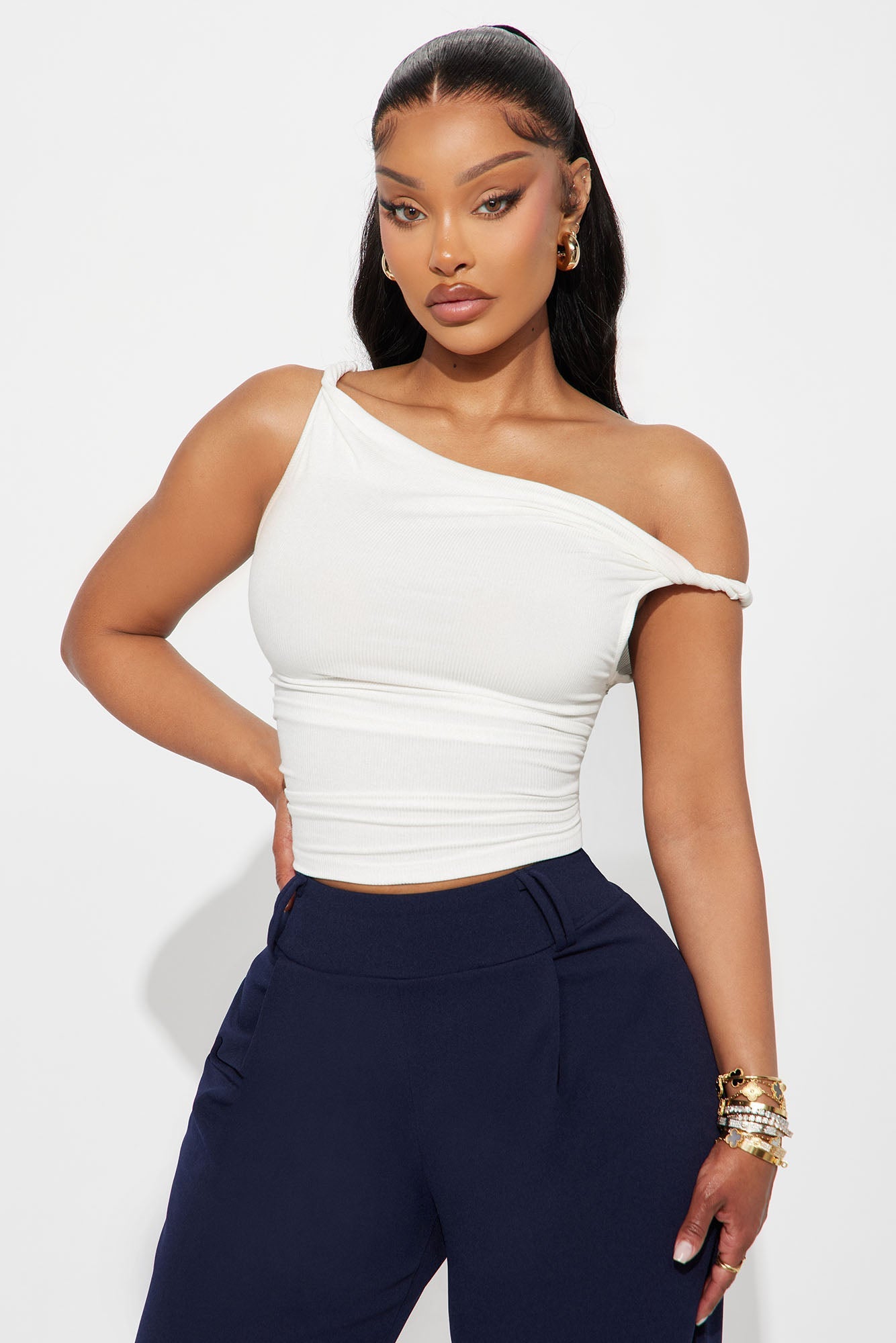 Ingrid Off Shoulder Ribbed Top - Ivory