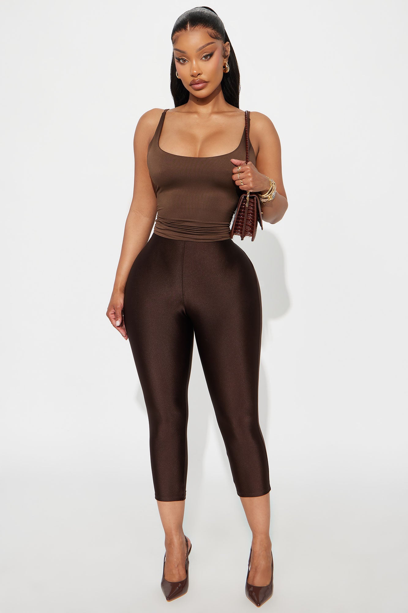 Nikole High Rise Tricot Capri Legging - Chocolate