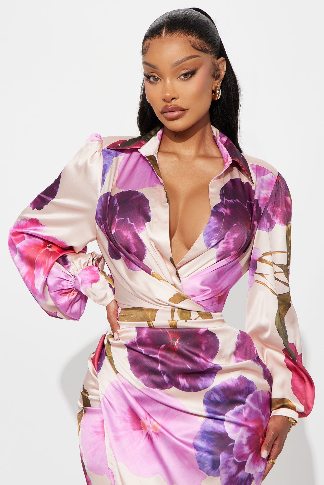 Riley Satin Shirt Dress - Purple/combo