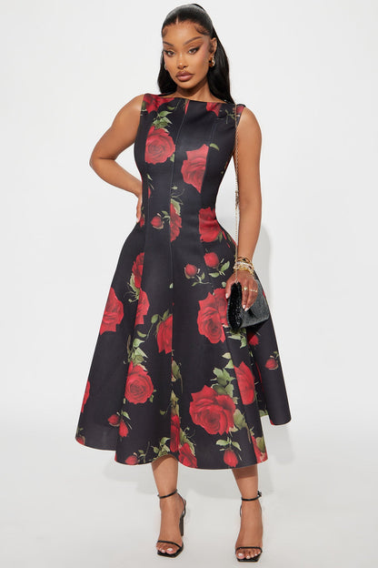 Sweet Sunday Pleated Floral Midi Dress - Red/combo