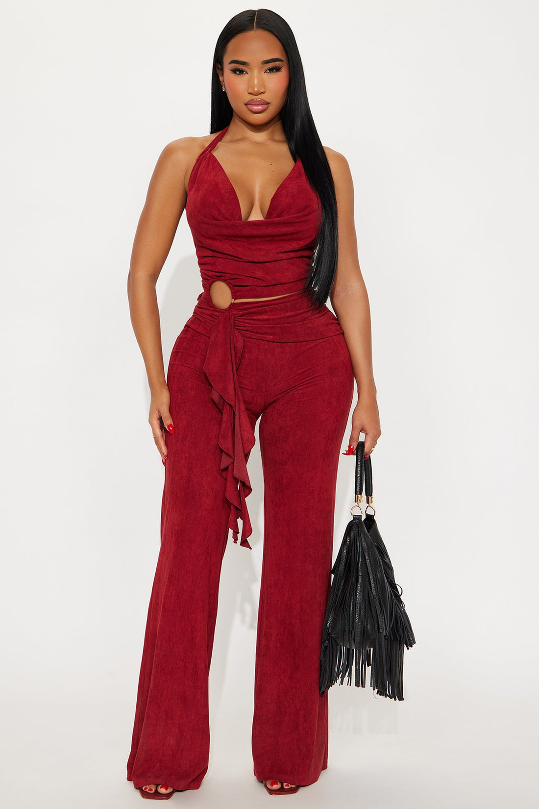 Mariana Faux Suede Halter Jumpsuit - Burgundy