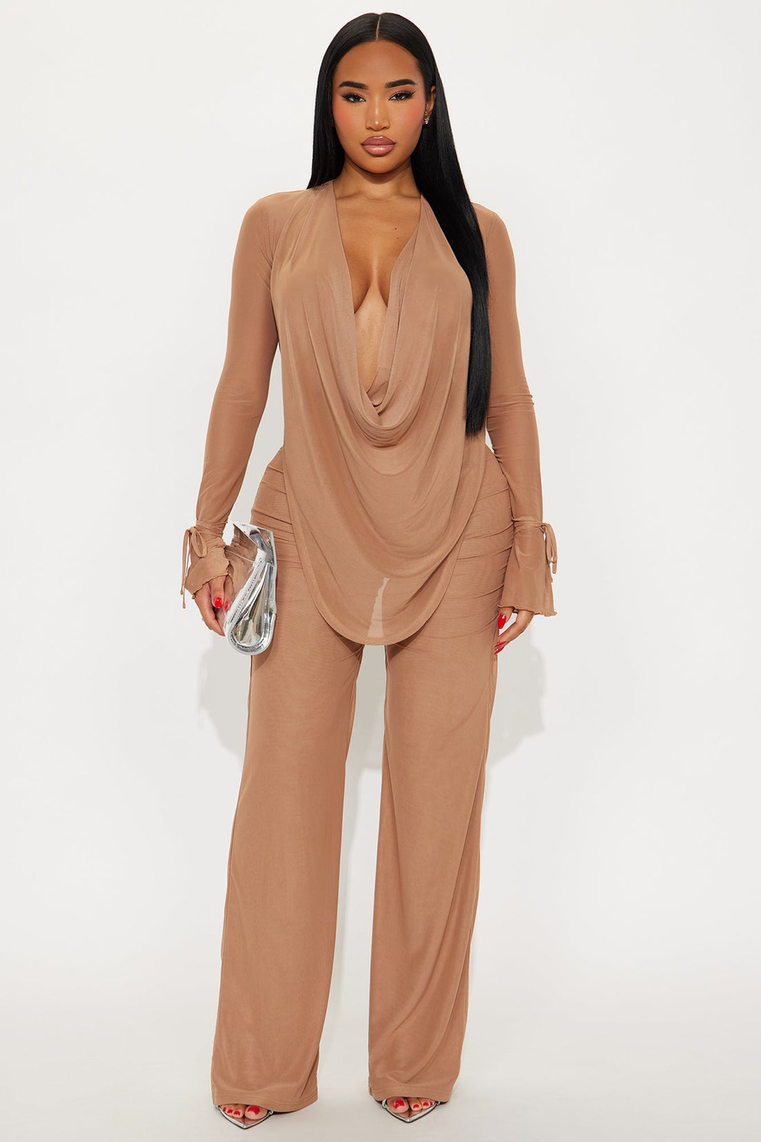 Silent Muse Cowl Neck Mesh Pant Set - Mocha