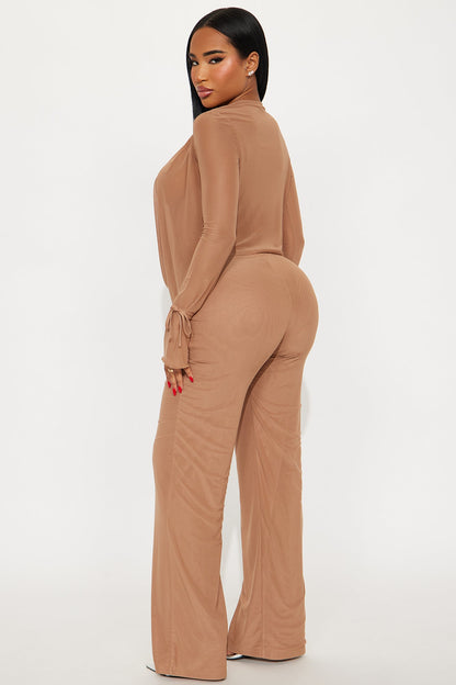 Silent Muse Cowl Neck Mesh Pant Set - Mocha