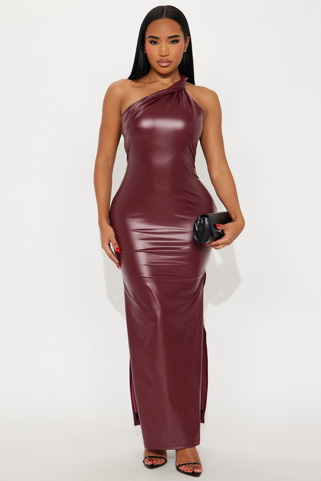 Conna Faux Leather One Shoulder Maxi Dress - Wine