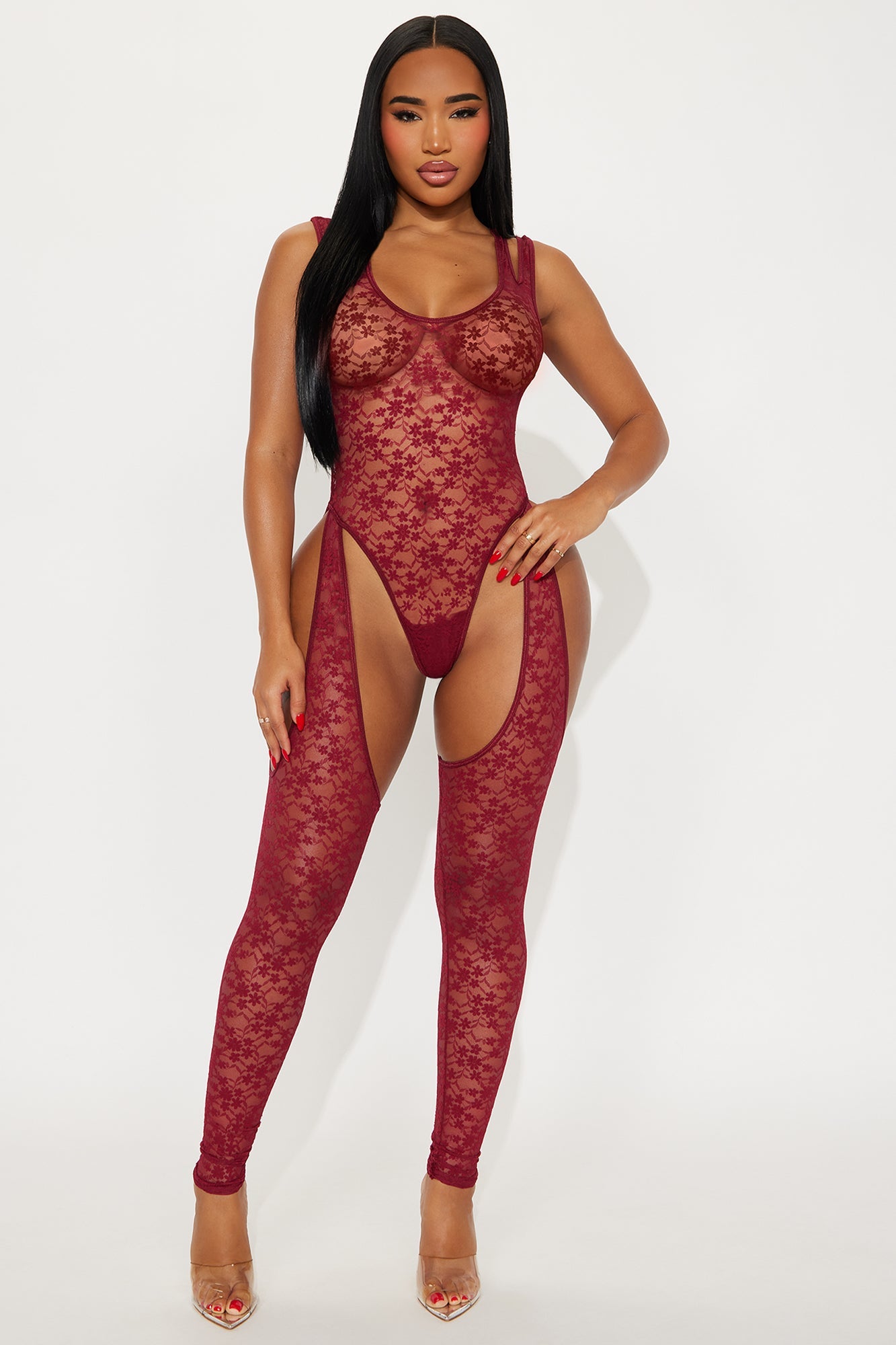 Laced To Break Lace Bodystocking - Wine
